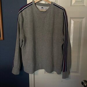 Gray Crewneck Sweater with Striped Sleeves